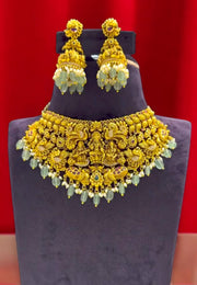 Traditional mini chocker set with God laxmi motive and blue colour beads hangings -pairing with jumkhas